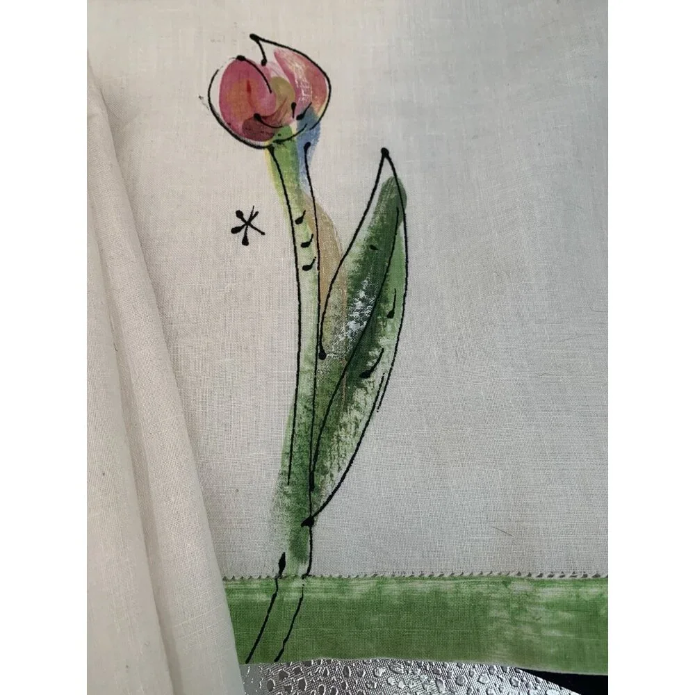Vintage HAND PAINTED Linen Tea Towels FLORAL Hemstitch Set of 2 NOS 21